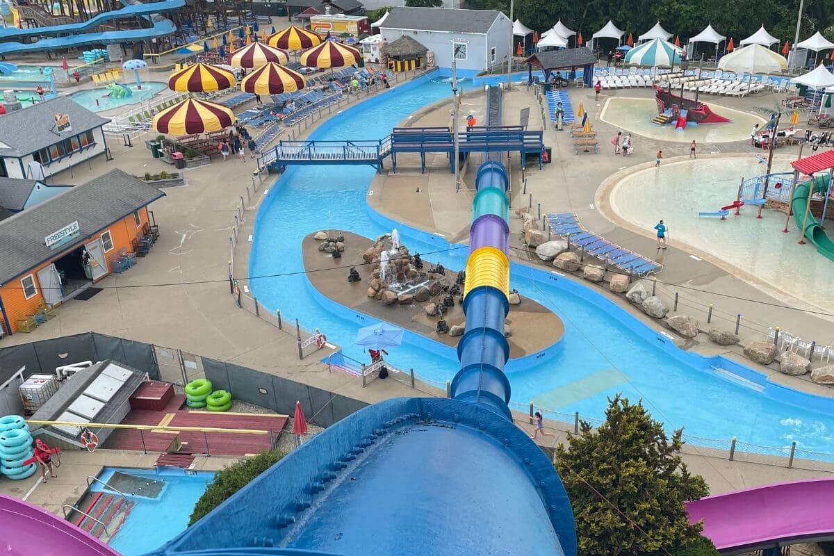 Aerial view of Water Wizz water park in East Wareham, Massachusetts, featuring colorful water slides, a lazy river, and family splash areas.